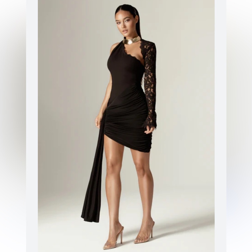 Aliava Elena One Shoulder Ruched Mini Dress Black Lace Sleeve M Romantic Coquett